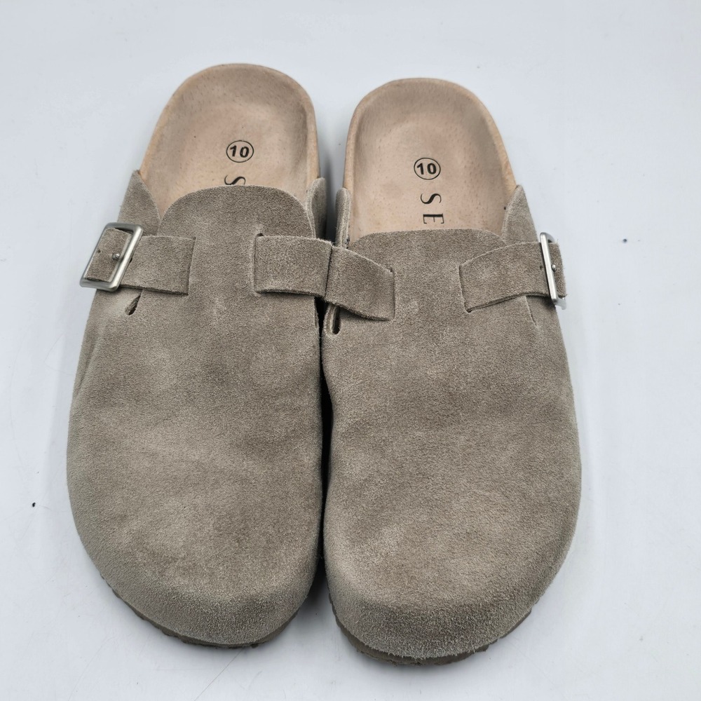 Serra Clogs Womens 10 Suede Taupe Buckle Slip On Mules Comfort Casual Flat Shoes
